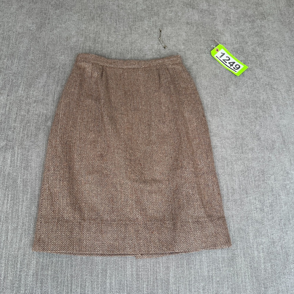 Vintage Women Pencil Skirt 12 Brown Tweed Herringbone Slit Office Career Classic